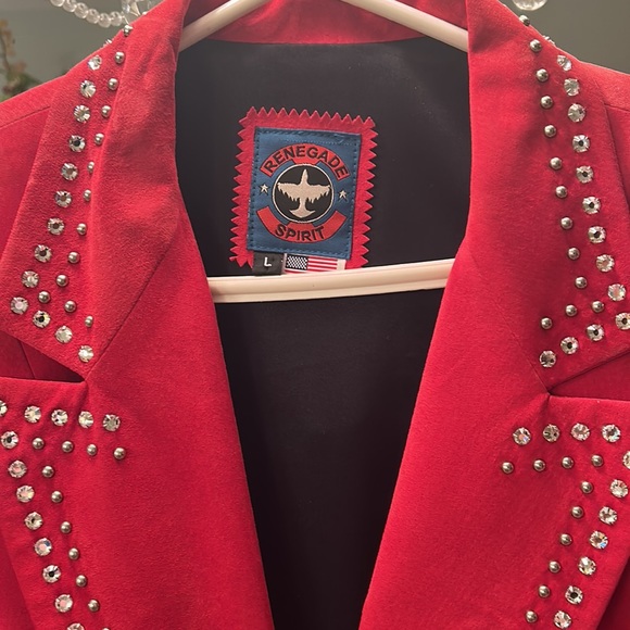 RED SUEDE JEWELED JACKET. Swarovski crystals & Nail heads cascade front & collar - Picture 2 of 8
